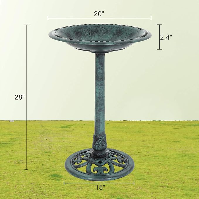 VINGLI Wild Bird Bath Green Patina Weather Resistant Resin Pedestal Birdbaths Antique Sculpture Finish Garden Decor for Outdoor Lightweight Courtyard 28 Inch…