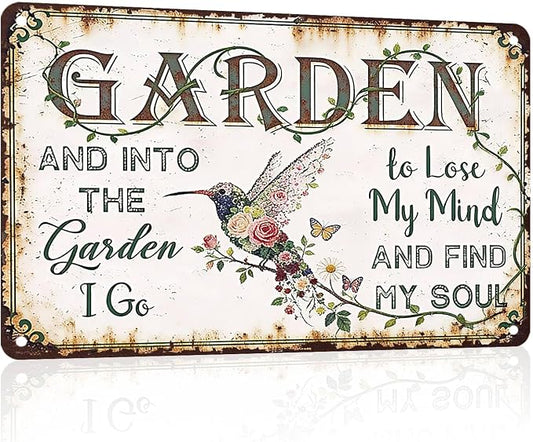 PEACHGARDEN Garden Signs Vintage Metal Sign Into The Garden To Lose My Mind Retro Gardening Poster Yard Wall Art Decor for Patio Greenhouse Backyard Cottage Outdoor 12x16 inch