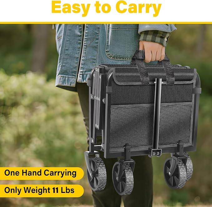Wagons Carts Foldable, Collapsible Wagon Cart with Wheels, Portable Folding Utility Wagon with Adjustable Handle & Cup Holders for Grocery Shopping, Garden, Camping, Sports, Picnic & Small Hauls