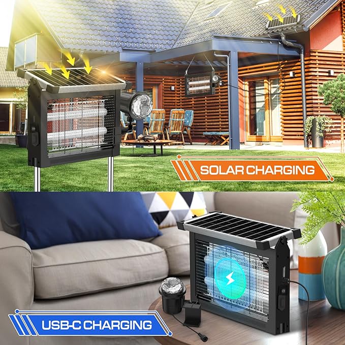 Solar Bug Zapper Outdoor with Projector Lights, 4500V Mosquito Zapper | Solar & USB Rechargeable, IPX5 Waterproof, Smart Dusk to Dawn, Cordless Insect Killer for Patio, Garden, Backyard, Camping