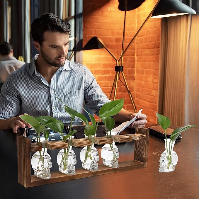 Plant Terrarium Propagation Stations Halloween Skull Planter Vase Skulls Decor with Wooden Stand Gife for Father - 5 Vases