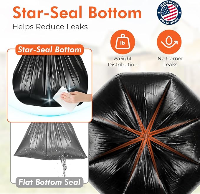 Delxo 40-45 Gallon Trash Bags, 125 Count, 40×48'' Large Black Garbage Bags – Light-to-Medium Duty Star-Seal Can Liners for Home, Kitchen, Yard & Office – Bulk Value Pack, Made in USA