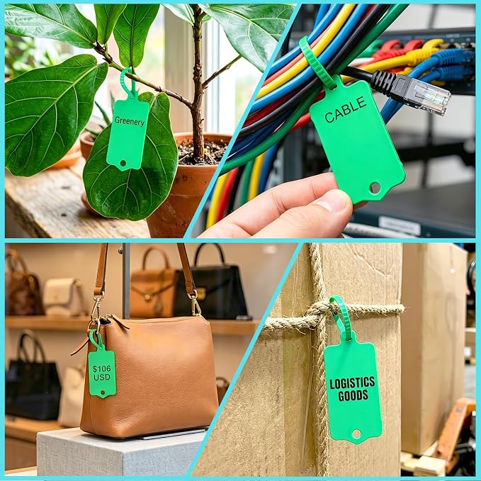LeonBach 100 PCS Plastic Shipping Tags, 1.46" x 2.48", Waterproof Labels Writable Hanging Tag with Sealing Strap, Shipping Cable Tie Label Tags for Keys Luggage Logistic Retail Inventory(Green)