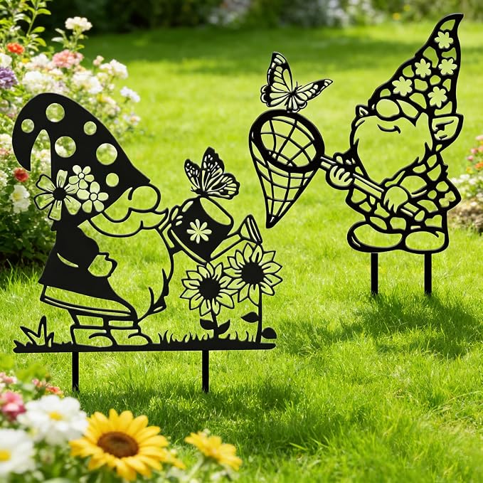 Rngmsi Gnome Metal Garden Stakes Decor, 2PCS Gnomes Gifts for Women Men Mom Wife Grandma, Gnome Yard Decorations Outdoor for Yard Art Outside Patio Lawn Pathway Landscape Ornaments (12 X 11 Inches)