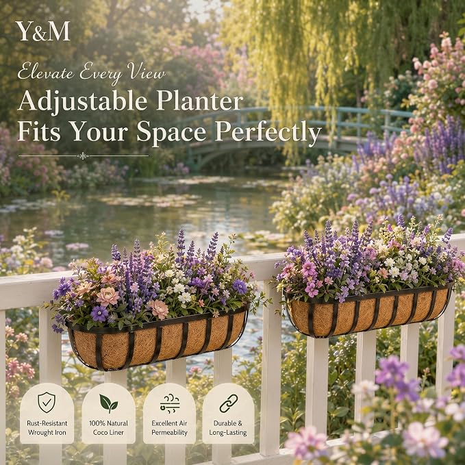 Y&M 2pcs 24 Inch Window Deck with Coco Liner, 24" Window Boxes Horse Trough with Coconut Coir Liner, Black Metal Hanging Flower Planter Window Basket Deck Railing Planter Boxes for Outdoor Indoor