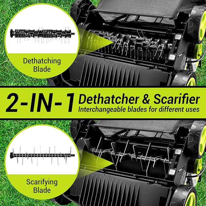 Electric Lawn Dethatcher Scarifier 15 Amp: DEKOPRO 15-inch Lawn Dethatcher and Aerator with 5-Position Depth Adjustment, 40L Collection Bag, 2-in-1 Corded Scarifier for Yard, Spring & Fall Lawn Care