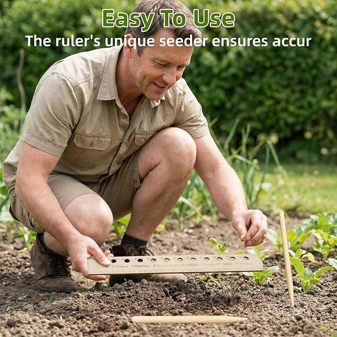 Spacer Tool Seeder Planting Ruler, Precision Seed Spacer & Ruler with Holes and Plant Dibber, for Vegetable, Garden, Yard, Wooden with Holes