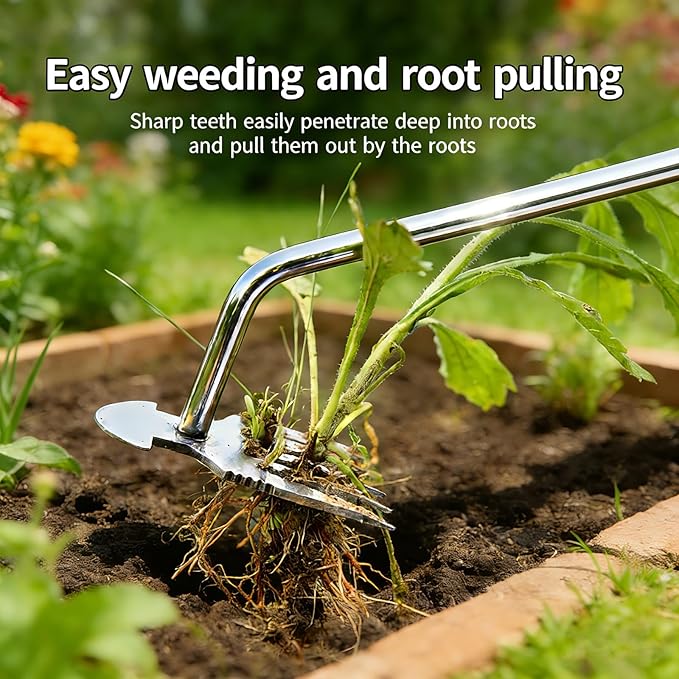 2 Pack Weed Remover Tool, 16 Inch Extended Handle 5 Teeth Weed Puller Tool, Heavy Duty Deweeder Tool Manual Weeding Uprooting for Garden Yard Lawn Farm Root Removal