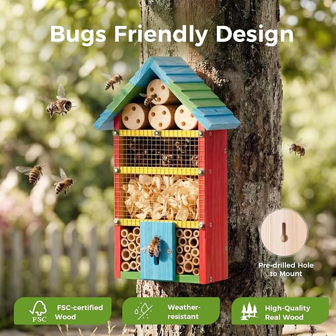 DIY Wooden Insect House Kit for Kids & Adults - Build Your Own Bug Hotel with Paint Set & Tools, Wood Craft Kits for Mason Bees, Ladybugs, Butterflies & Lacewings