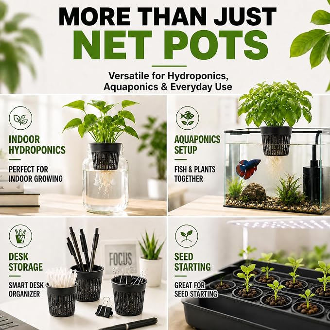 Net Cups Hydroponics 12 Pack 6 Inch Mesh Net Pots with 30 Ft Wick Cord & 12 Plant Labels, Slotted Cups for Healthy Root Growth, Indoor Hydroponic Growing & Aquaponics Systems