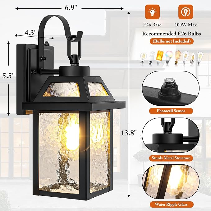 BesLowe Dusk to Dawn Outdoor Wall Lights, Exterior Lighting Fixtures Wall Mount, Porch Lights Outdoor Wall Sconces with Water Ripple Glass, Outside Lights for House Front Door Garage, 2-Pack