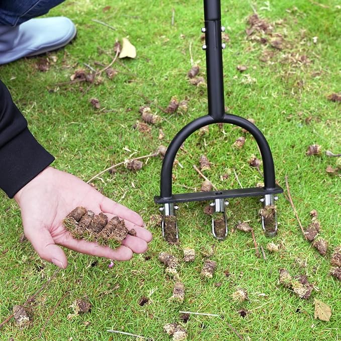 Lawn Aerator Coring Tool, Aerator Lawn Tool with 3 Hollow Tines, Manual Core Aerator for Lawn Garden Care and Loosen Compacted Soil, Lawn Aeration, Garden Tool