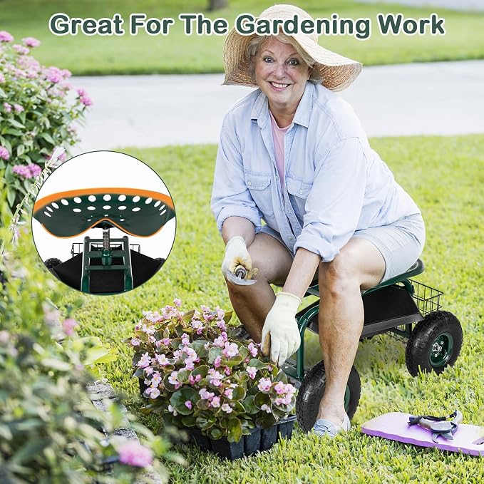 Rolling Garden Work Seat with Wheels, Gardening Stool for Planting, 360 Degree Swivel Seat, Garden Scooter with Steering Handle & Tool Tray, Garden Chair for Outdoor, Patio and Yard,Green
