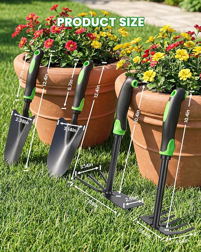 4-Piece Garden Tool Set, Heavy Duty Gardening Hand Tools with Soft Rubber Handle,Green,Premium Stailess Steel,Include Hand Shovel,Transplant Trowel,Hand Rakes, 2-in-1 Hoe and Cultivator