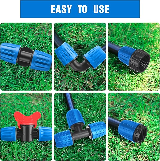 Pushglossy 32 Pcs 1/2" Tubing Irrigation Fittings Kit 1/2" ID x 0.6-0.63" OD 16 mm Drip Irrigation Barbed Connectors 4 Switch Valves, 8 Tees, 8 Couplings, 4 Elbows, 4 Ends, 4 Adapters (Blue)