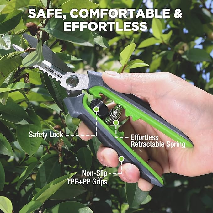 WORKPRO 8" Pruning Shears for Gardening, Multipurpose Stainless Steel Garden Shears with Sheath, Straight Pruning Scissors Garden Snips for Flowers, Fruits & Vegetables
