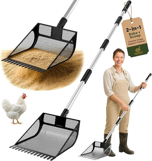 2-in-1 Chicken Coop Poop Scooper and Rake - Metal Sand Sifting Litter Scoop Shovel with Angled Basket and Micro-Sized Diamond Mesh to Catch the Smallest Farm Animal Droppings - Adjustable 12" to 53"