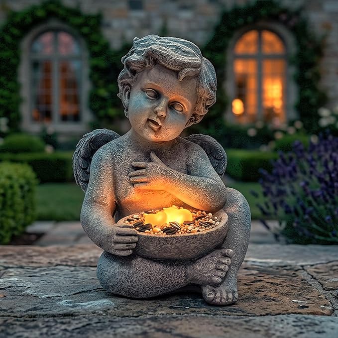 MXwcy Solar Angel Statue with Bird Feeder, 9.06" Resin Angel Garden Statue Solar Lights, Waterproof Angel Garden Decor for Yard Lawn Patio, Memorial Garden Angel Gift for Women Mom Grandma