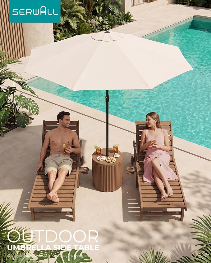 SERWALL Round Outdoor Umbrella Side Table, 3-in-1 Outdoor Patio Table with Umbrella Hole for Porch/Patio/Poolside, Brown