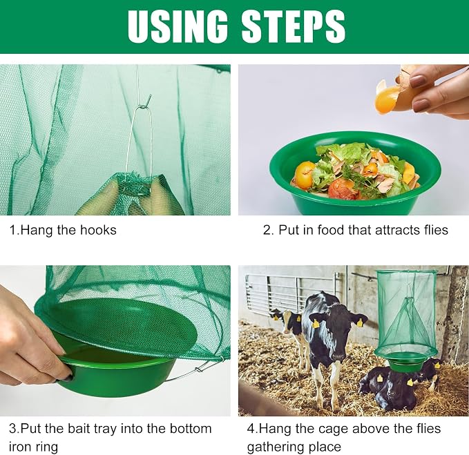 8 Pack Ranch Fly Traps Outdoor Hanging, Reusable Stable Fly Hunter Catcher Cage with Food Bait Tray, Flies Control Killer Repellent for Barn, Orchard, Farm, Horse, Patio