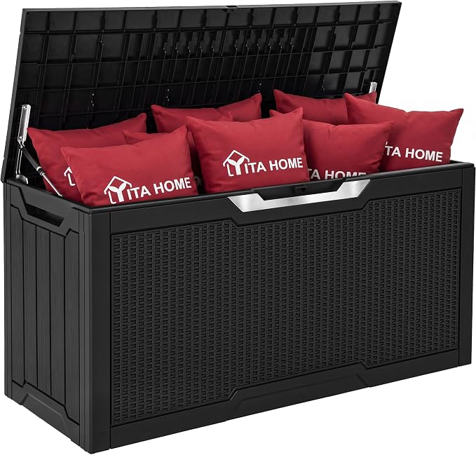 YITAHOME 80 Gallon Outdoor Storage Box, Large Water Resistant Resin Deck Box w/Silver Decorative PVC Trim Panel, Lockable Rattan Storage Container for Patio, Garden, Cushions, Tools (Black & Silver)