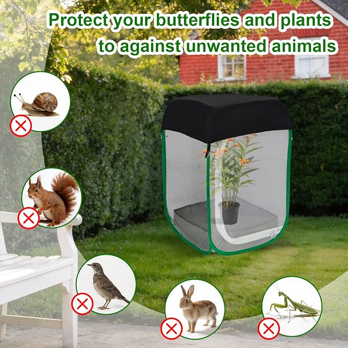 Butterfly Habitat Cage 15.7" x 15.7" x 23.6", Pop-up Caterpillar Enclosure with Poop Tray for Easy Clean, Outdoor Monarch Butterfly & Insect Net Cages Terrarium with Sunshade Top.