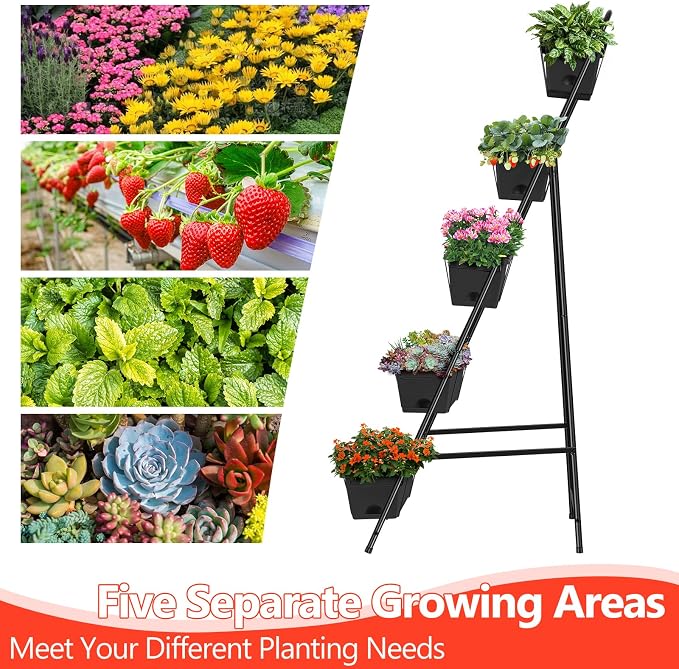 Vertical Garden Planter 5 Tiers Raised Garden Bed Outdoor Standing Herb Garden Planter with Drainage Holes and Removable Tray Planters for Outdoor Plants Vegetables Flowers Black