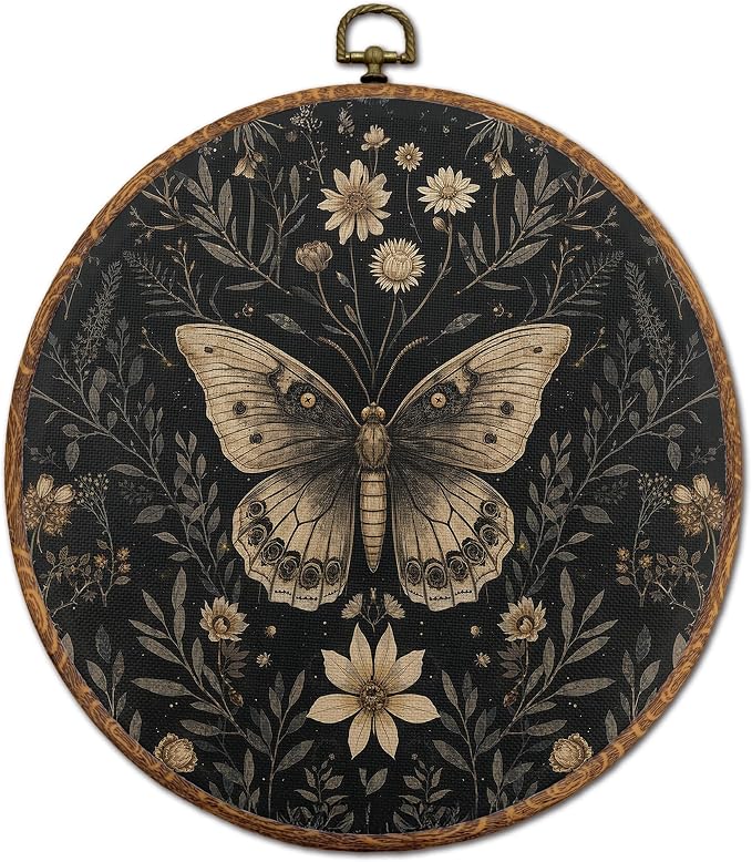 DOFQZ Moody Floral Gothic Butterfly Round Wall Art Decor, Dark Academia Cottagecore Botanical Moth Framed Canvas Hanging Art for Bedroom Living Room Home Office Decor, 10x10