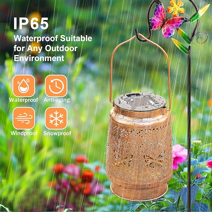 Solar Lanterns Outdoor Butterfly Garden Decor, Birthday Gifts for Women Mom Grandma, Waterproof Metal Hanging Solar Lights LED Decoration with Shepherd Hook Outside for Yard Patio Lawn Porch