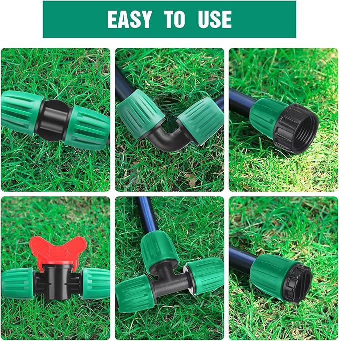 Pushglossy 32 Pcs 1/2" Tubing Irrigation Fittings Kit 1/2" ID x 0.6-0.63" OD 16 mm Drip Irrigation Barbed Connectors 4 Switch Valves, 8 Tees, 8 Couplings, 4 Elbows, 4 Ends, 4 Adapters (Green)