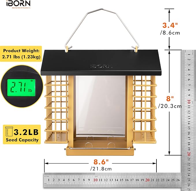 iBorn Bird Feeders for Outdoors,Bird Feeder with Double Suet Holders,Suet Feeder for Outside,Weatherproof Metal Roof,Easy to Refill&Clean,3.2 LBs Seed Capacity+2X Cakes,1 Pack,Black Roof & Yellow Grid