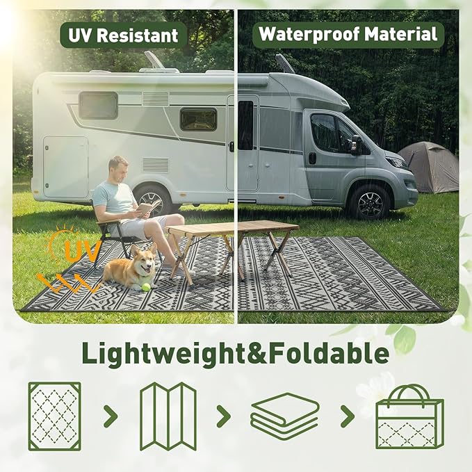 MontVoo Outdoor Rug 8x10 Waterproof Outdoor Patio Rug Mat Reverisble Plastic Straw Outdoor Rug for RV Camping Picnic Beach Balcony Boho Grey