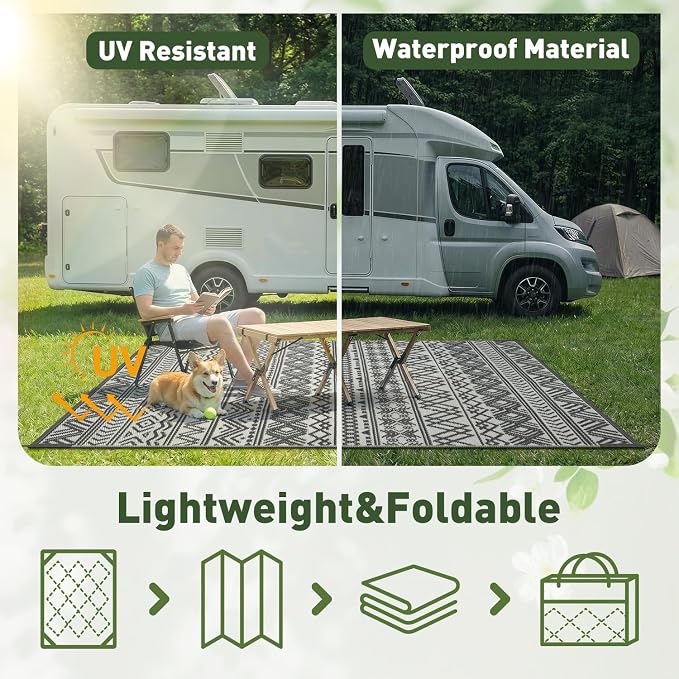 MontVoo Outdoor Rug Carpet Waterproof 9x18 Outdoor Patio Rug Mat Reverisble Plastic Straw Outdoor Rug for RV Camping Picnic Beach Balcony Boho Grey Large