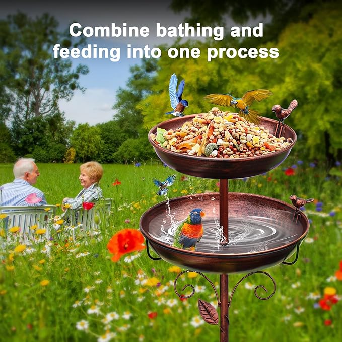Bird Bath for Outside, 2-in-1 Birdfeeder and Bath, 42 Inch Tall Stand with Hummingbird, Large 12Inch & Small 7.9Inch BirdBaths Bowl, 3 Bird Decor for Garden, Antique Bronze