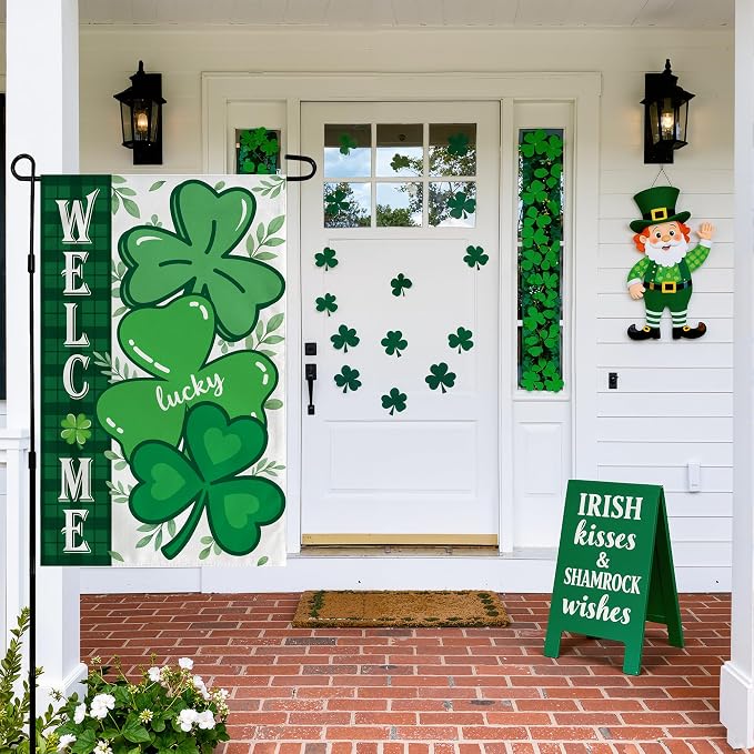 OHOME St Patricks Day Decorations - Shamrock Garden Flags | St Patricks Day Party Favors Supplies Decor Indoor Outdoor - St Patrick's Day Welcome Backdrop Banner for Garden Porch Patio Lawn Yard