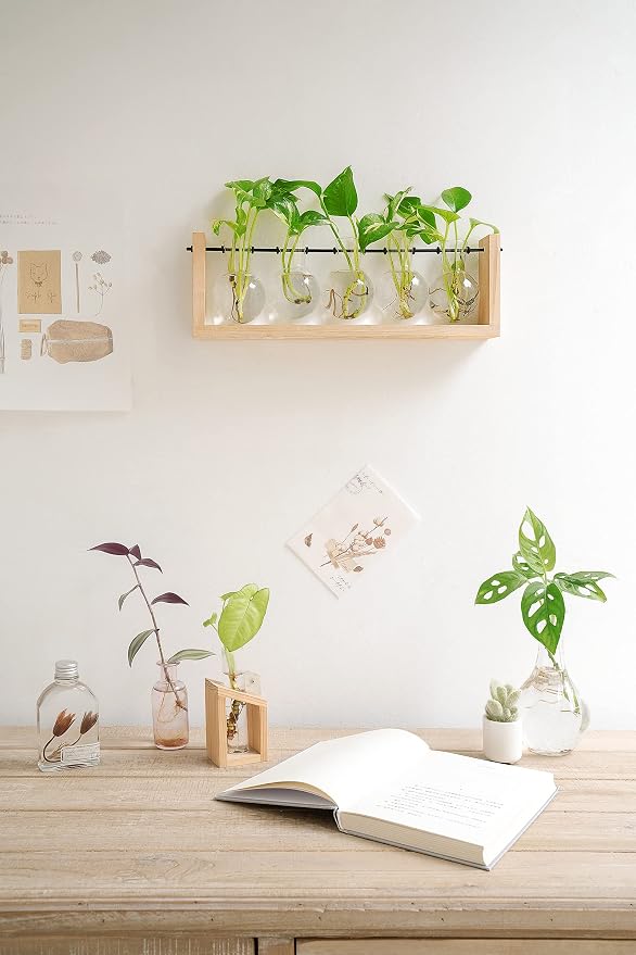 Mkono Plant Terrarium with Wooden Stand, Wall Hanging Glass Planter Desktop Plant Propagation Vase with Metal Swivel Retro Rack for Hydroponics Plants Home Office Decor (5 Bulb Vase)