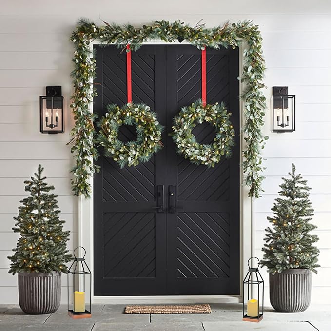 Perfnique Metal Lanterns w/ Pine Wood, Set of 2 Farmhouse Lantern Decorative w/ Waterproof Flameless Candle & Remote Timer, Modern Farmhouse Candle Holder for Outdoor, Porch, Fireplace(Wood Base)