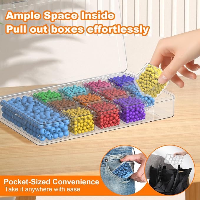 Bead Organizer Box, 2 Pack Small Clear Plastic Storage Containers Features Hinged Lid and Labels, Craft Storage Box for Jewelry, Diamonds, Clay Beads, Bracelets, Screws, Seeds, Small Parts