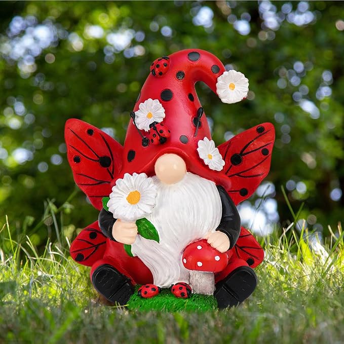 Ladybug Gnome Garden Decor, Fairy Garden Gnome Figurine with Flowers, Spring Summer Outdoor Decorations for Yard Lawn Patio, Ladybug Gifts for Women
