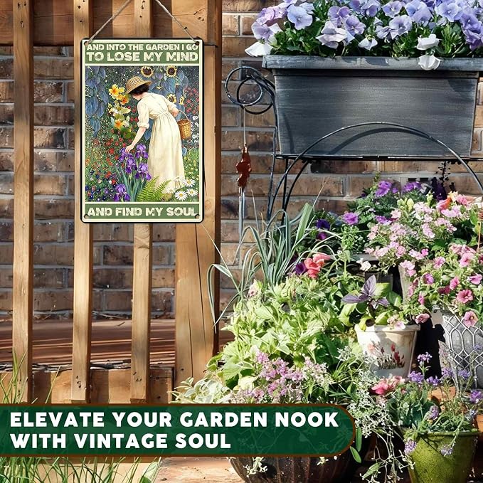 PEACHGARDEN Garden Signs and Into The Garden I Go Women's Gardening Gift Metal Sign Yard Wall Art Decor for Patio Porch Backyard 8x12 inch