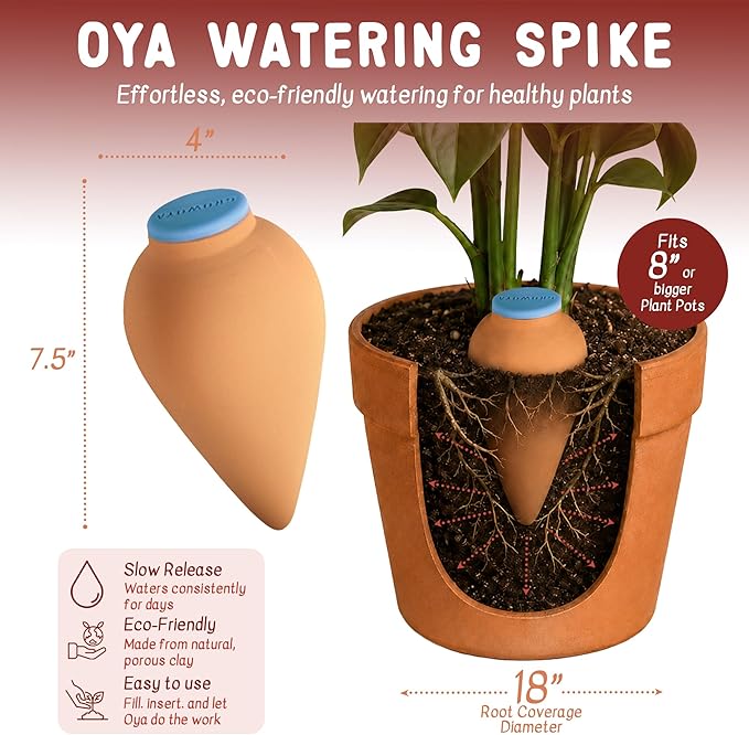 GrowOya Watering Spike for Indoor Plants |16oz self Watering Terracotta Pot| Slow Release Plant Watering Device for Pots 8 Inches or Larger| Decorative self Watering Planter Insert
