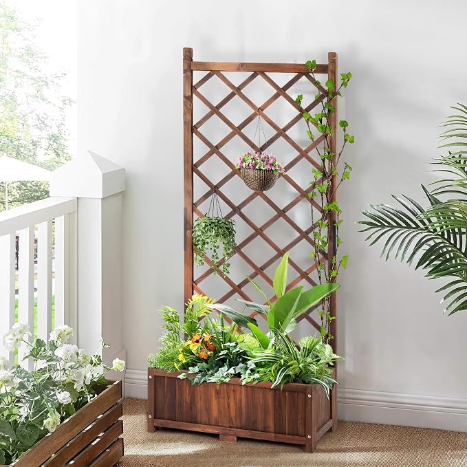 Outvita Wood Planter with Trellis, 29" x 17" x 67" Outdoor Raised Garden Bed with Drainage Holes, Vertical Standing Planter Box for Climbing Plants Vegetable in Garden, Patio, Balcony (Brown)