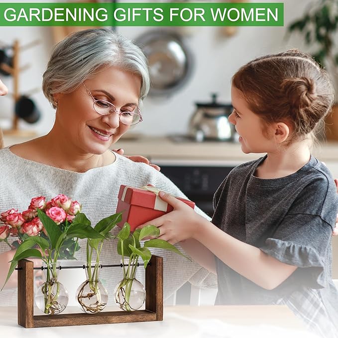 YIBOT Wall Hanging Planter Propagation Station 3 Bulb Glass Flower Vase | Plant Terrarium with Wooden Stand, Hydroponics Plants, Bathroom, Home Office Living Room Decor Gift