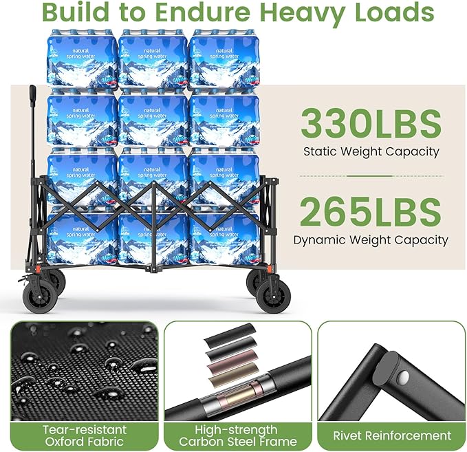 Blomoba Collapsible Wagon Cart, 330LBS Heavy Duty Folding Cart with Wheels 360° Rotation, Built-in Brakes, Flexible Handle, Portable Utility Wagon for Grocery Sports Garden Shopping Camping