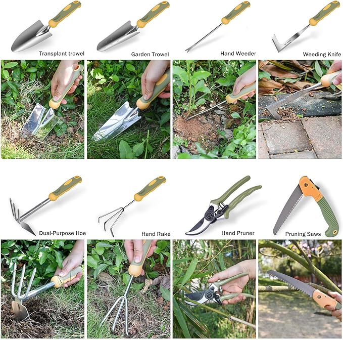 Garden Tool Set, WisaKey 9 Piece Stainless Steel Heavy Duty Gardening Hand Tools Durable Garden Tool Bag Gardening Gifts for Women and Men Fathers Day for Dad Husband