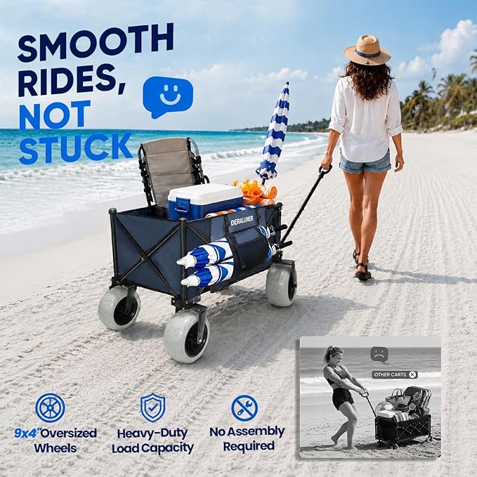 X800 Heavy Duty Beach Wagon with 9x4 Sand-Proof All-Terrain Wheels, 300L Oversized Foldable Wagon Cart with Side Bag, All-Terrain Utility Wagon for Beach Essentials, Sport, Camping (Navy Blue)