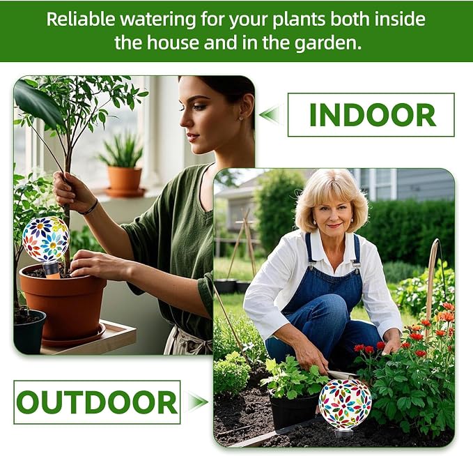 VOREEN Mosaic Glass Plant Watering Globes 2 Pack 500ml with Terracotta Spikes, Handmade Self-Watering Stakes for Indoor/Outdoor, Gift for Garden Lover,Multi Colored Flowers
