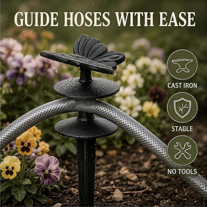 2 Pack 10.63 Inch Butterfly Shaped Cast Iron Garden Stakes Solid Yard Decor Hose Guides for Garden Stable Hose Holders for Outside Lawn Flower Bed Layout