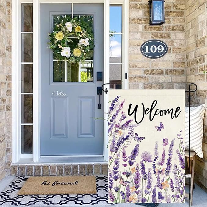 Baccessor Spring Lavender Welcome Garden Flag 12.5 x 18 Inch Double Sided Purple Floral Flower Butterfly Farmhouse Small Burlap Yard Flag Holiday Seasonal Outdoor Outside Decoration