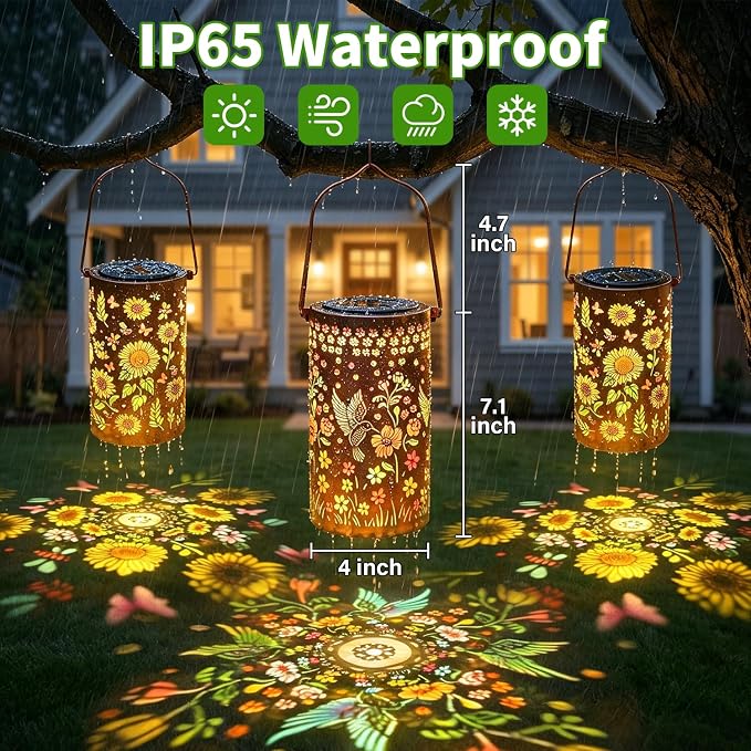 2 Pack Colorful Solar Lanterns Outdoor Waterproof, Garden Decor Gifts for Women Mom Grandma - LED Sunflower and Hummingbird Solar Powered Lights Metal Hanging Lantern for Outside Garden Patio Yard